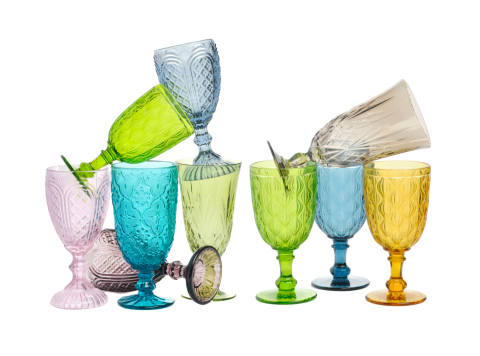 Colorful glassware available to rent at Hall's Rental Service. Delivered to the Chicago and surrounding suburbs.